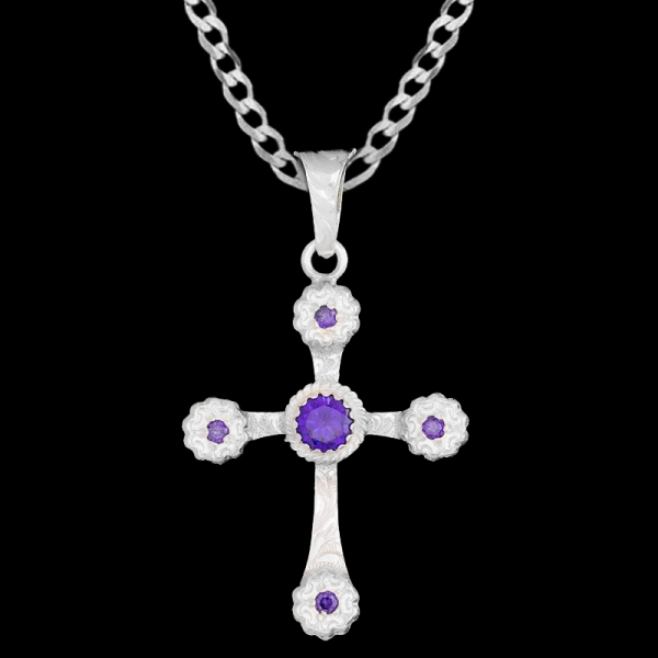 Our Ruth Cross Pendant Necklace features a shiny german silver base with four silver flowers and customizable zirconia stone colors. Pair it with a special discount sterling silver chain today!